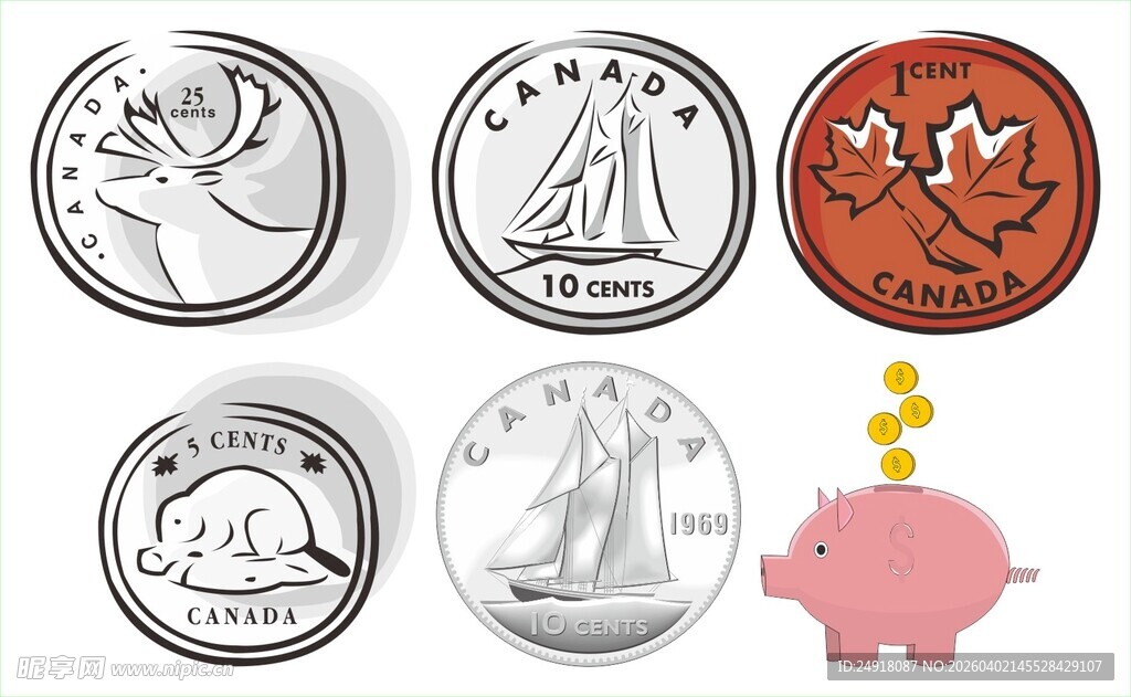 多样硬币与小猪存钱罐