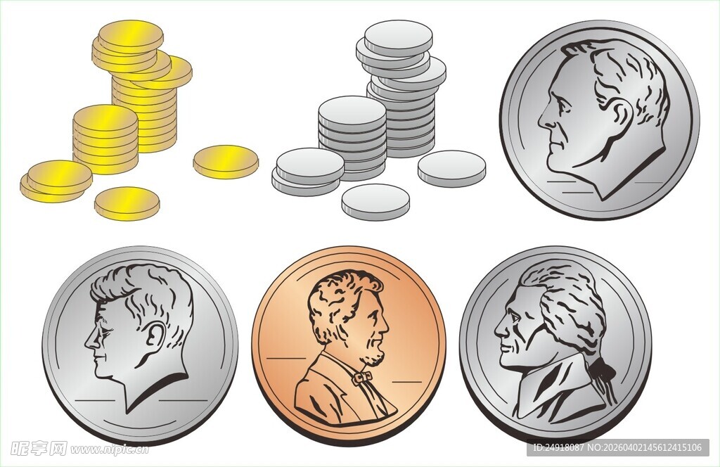 多样硬币展示财富小象征