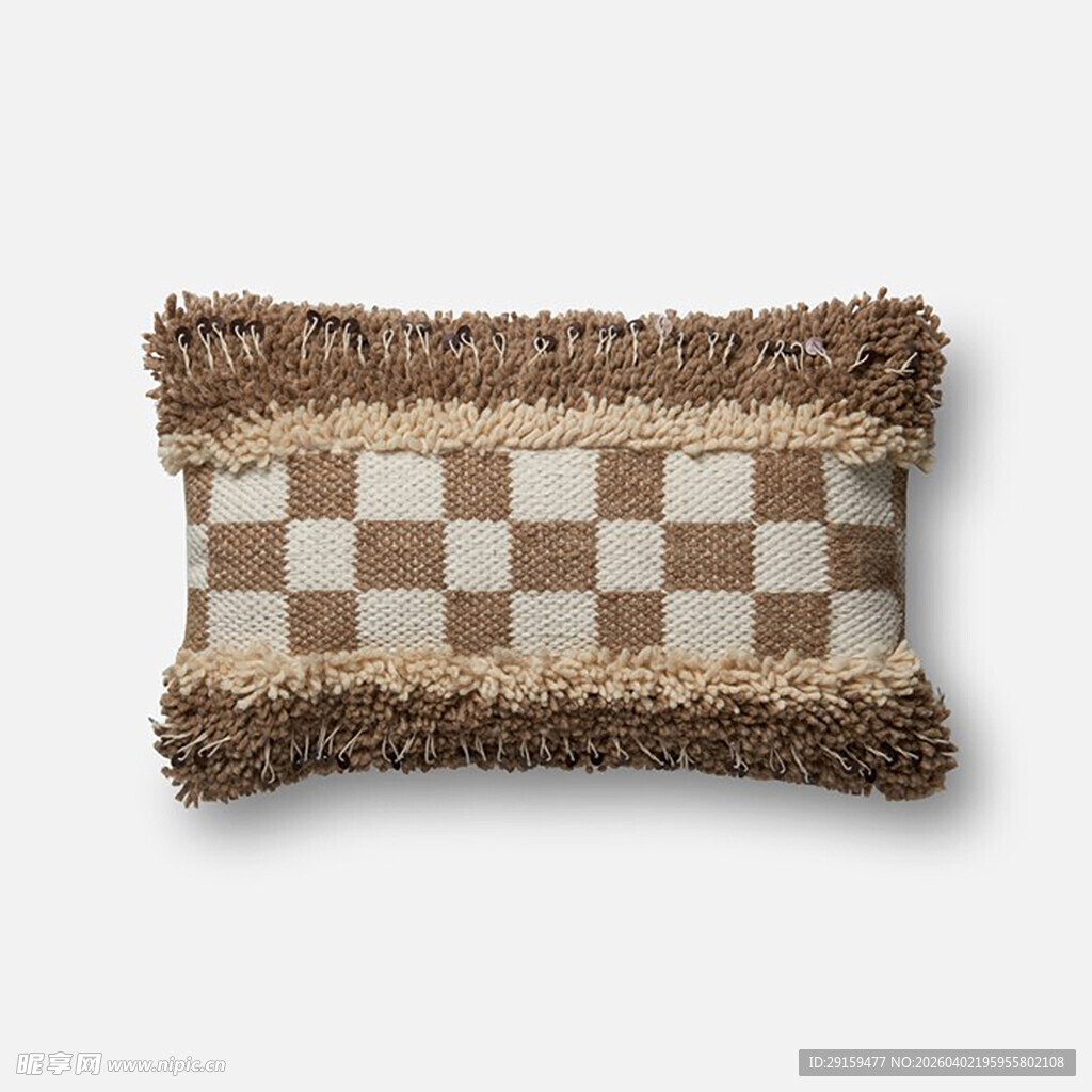 棕白格纹流苏装饰抱枕