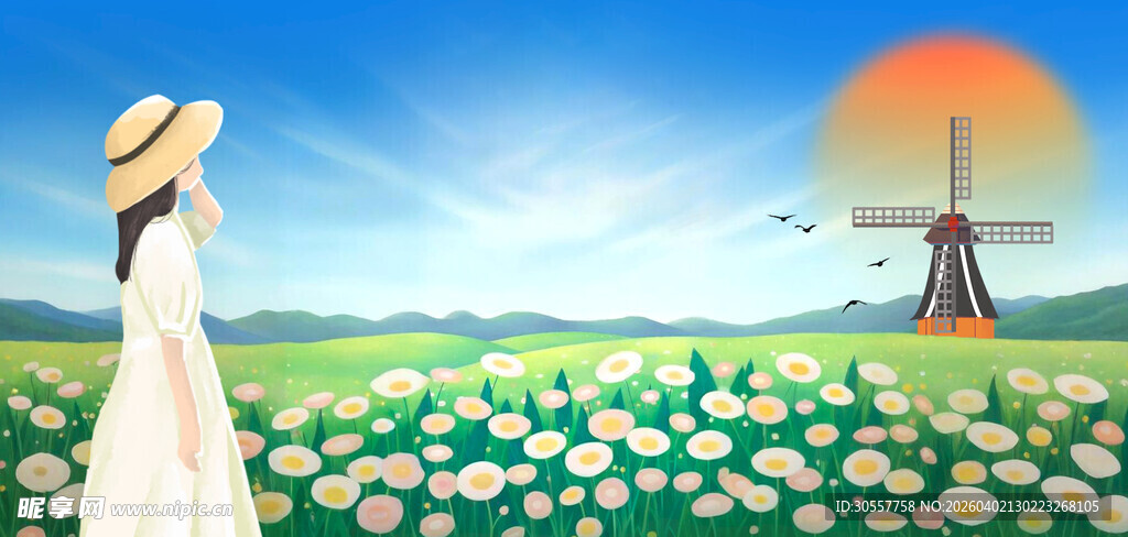 24节气立夏花海女孩背景