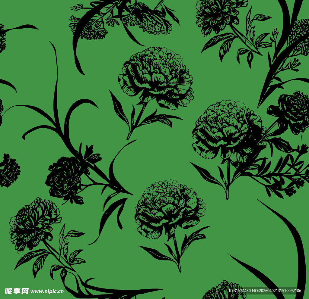 绿色底黑色花卉图案背景
