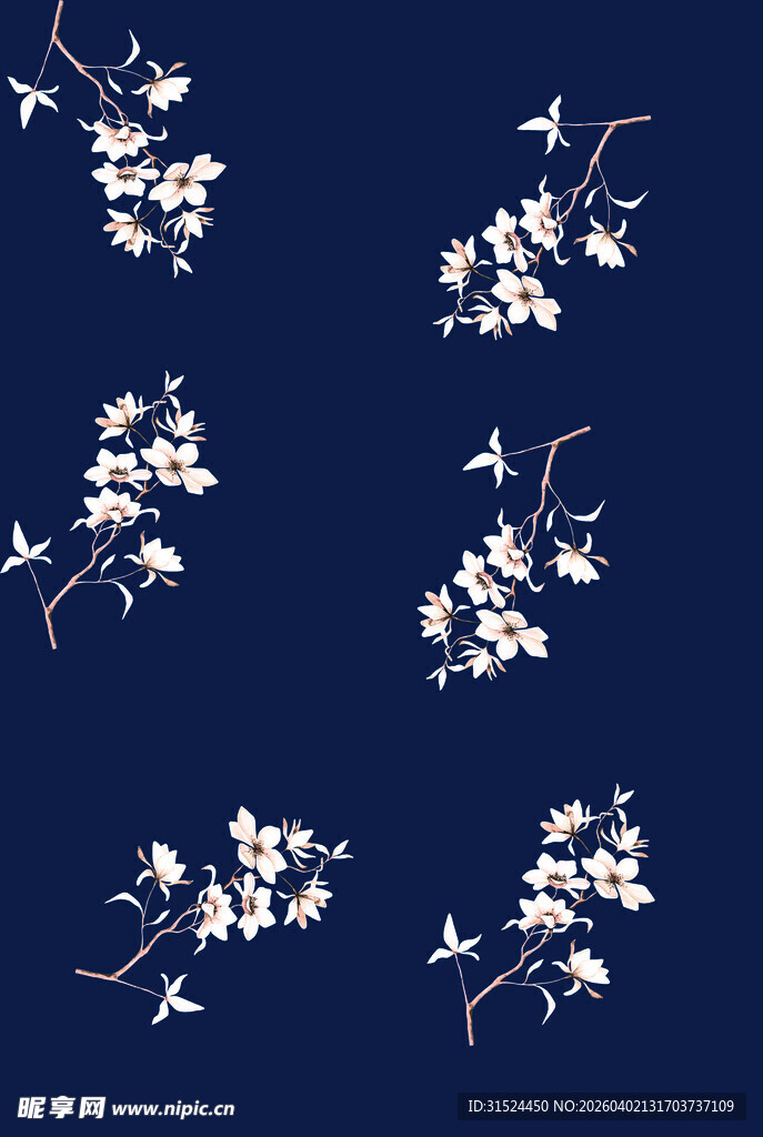 深蓝色底白色花卉图案