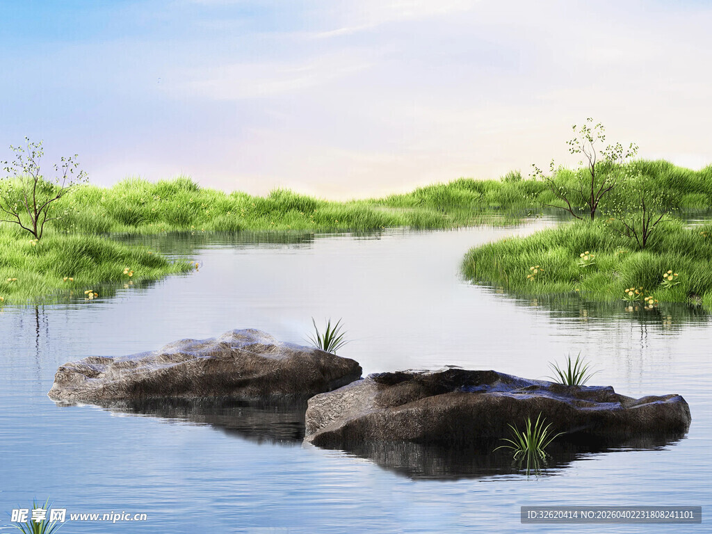 宁静河畔的自然岩石景观