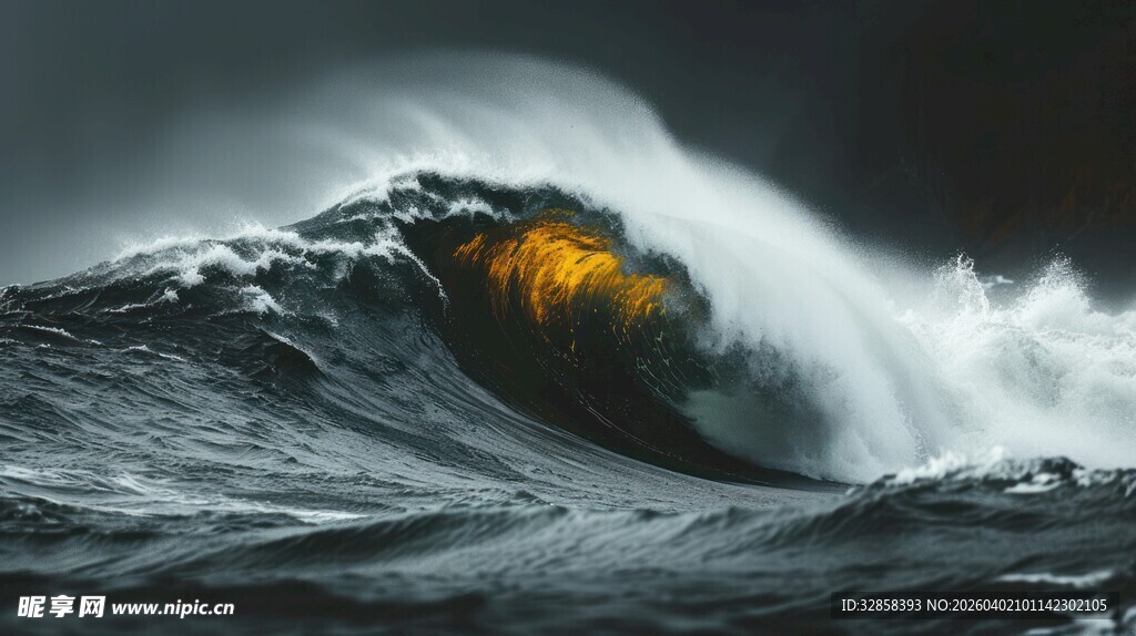 汹涌海浪中的金色光芒