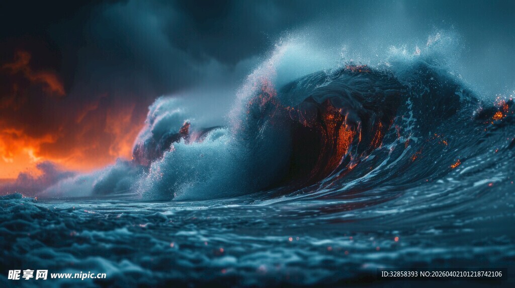 汹涌海浪与炽热熔岩景观