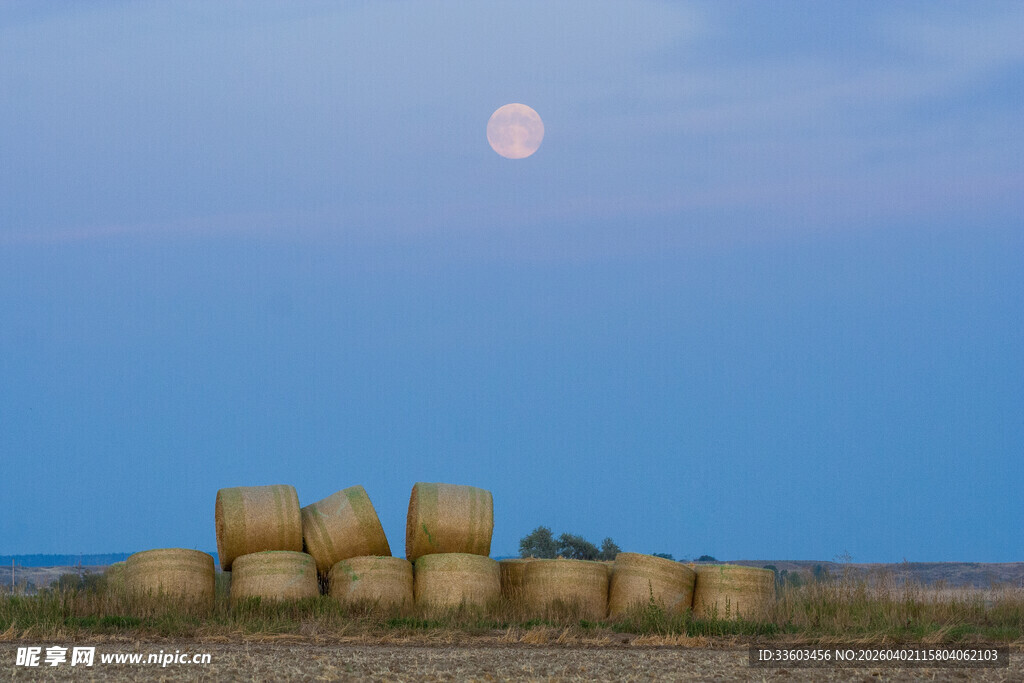 月下田野的干草垛