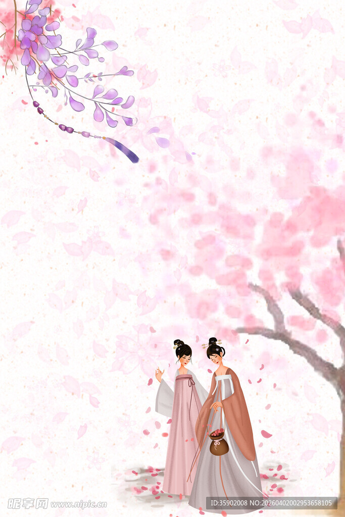 古风情侣漫步樱花树下