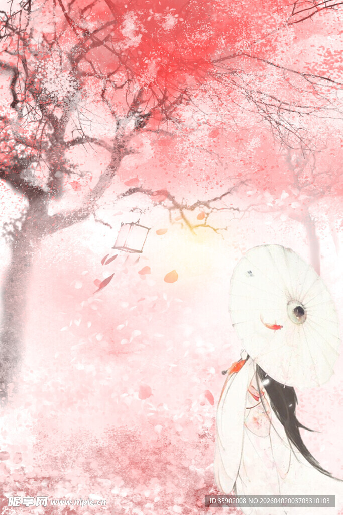 古风红衣女子倚立花树下