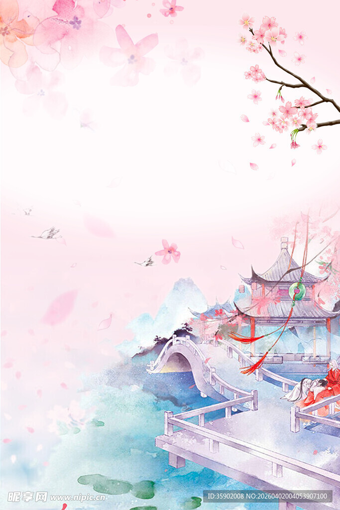 梦幻古风樱花河畔景致