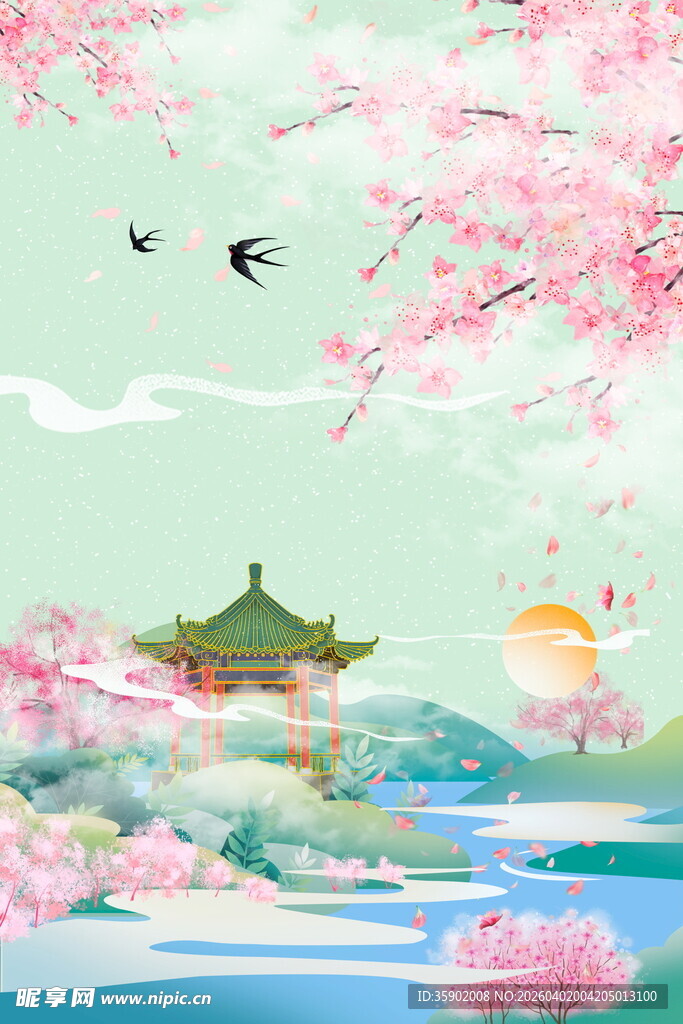 春日湖畔古风美景画面