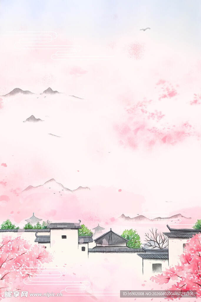 粉色烂漫水乡风景图