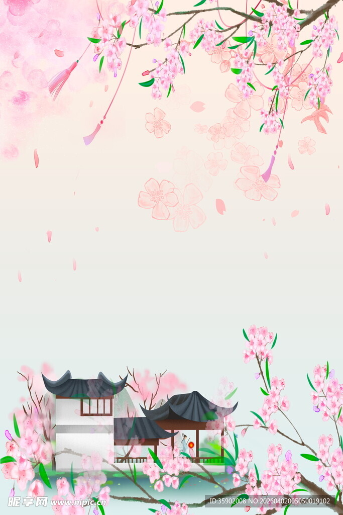 春日樱花下的中式古典建筑