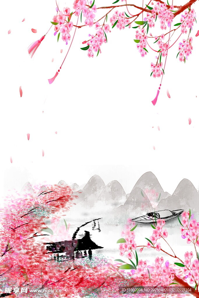 春日桃花山水诗意图景