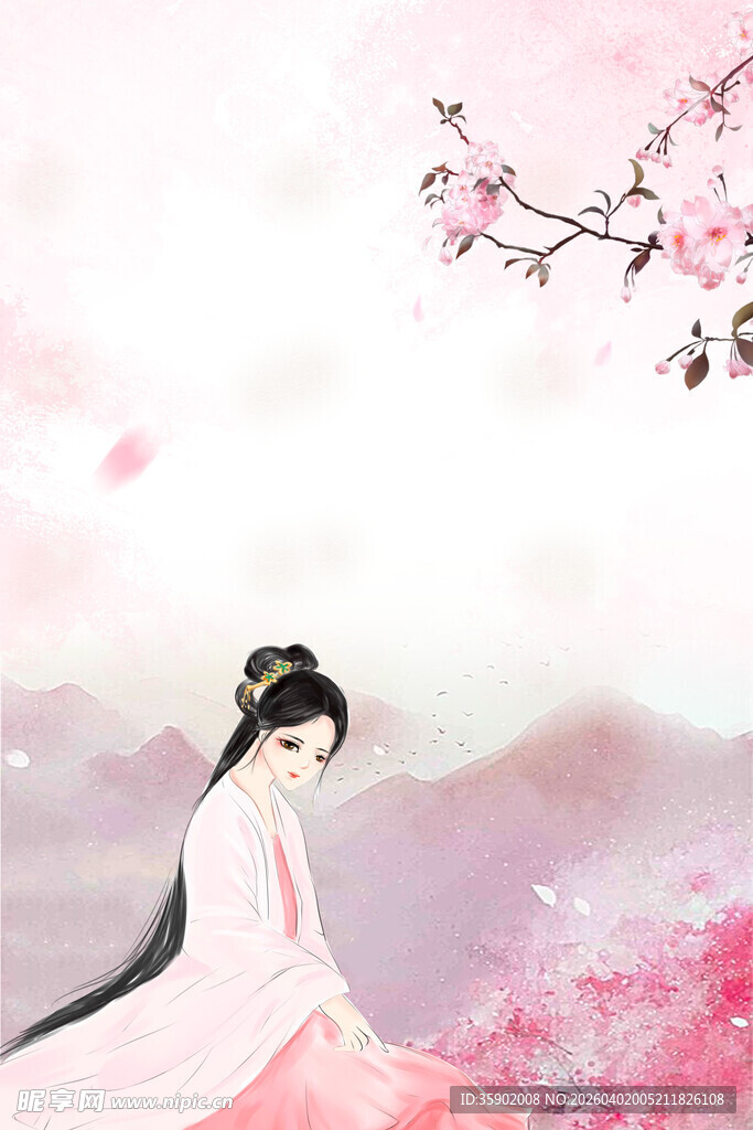 古风佳人赏烂漫桃花景