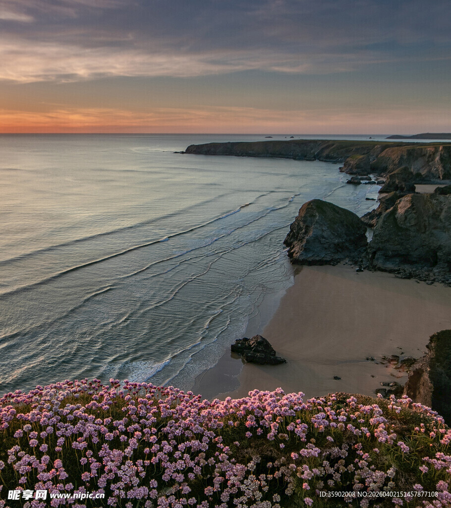 海边日落美景繁花相伴