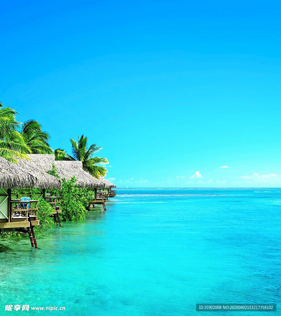 热带海滨小屋碧海蓝天