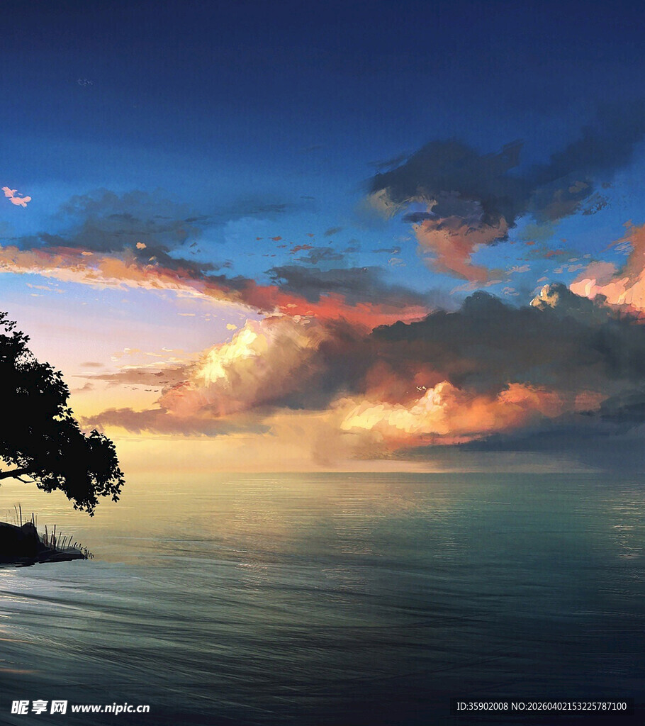 海边日落美景孤树伴云霞
