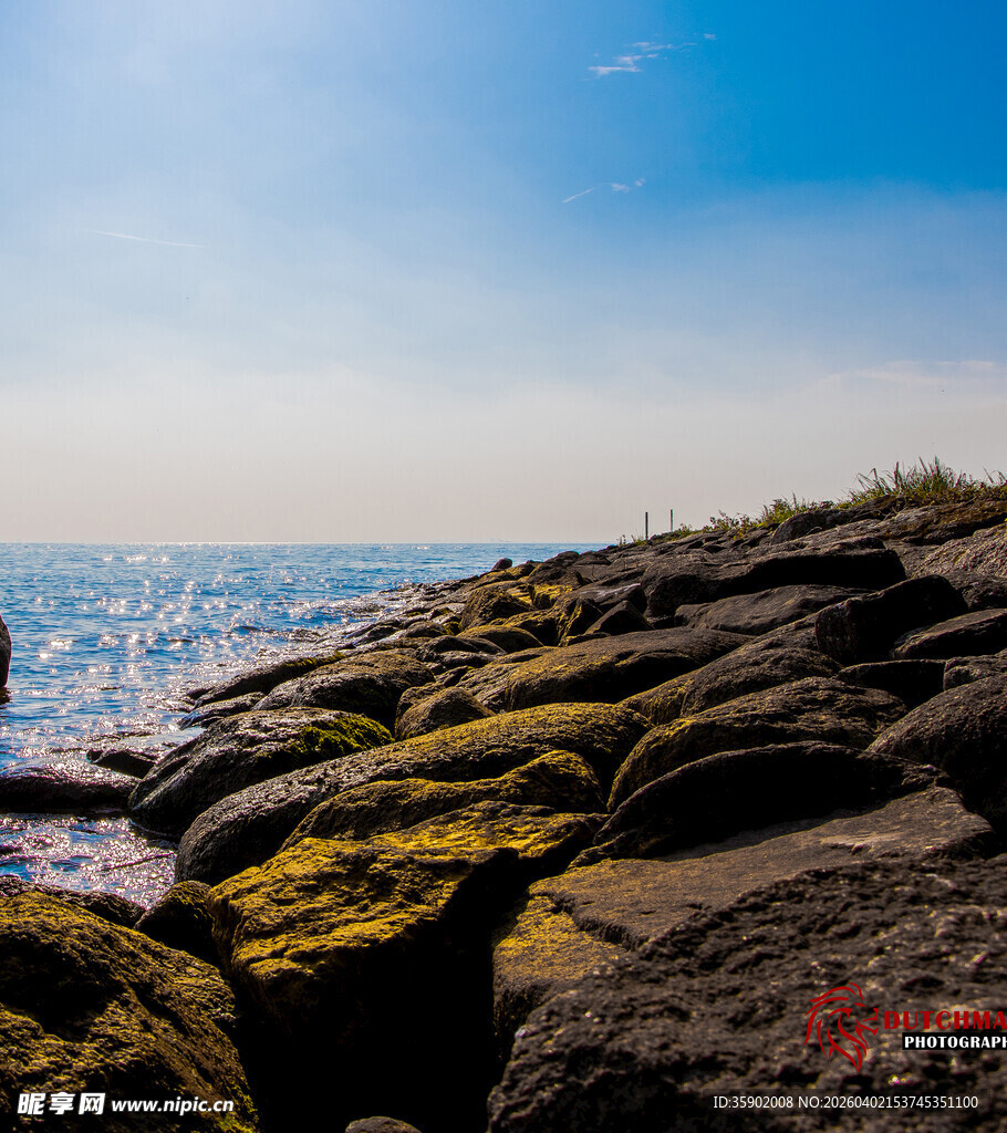 海边覆苔岩石的美丽景致