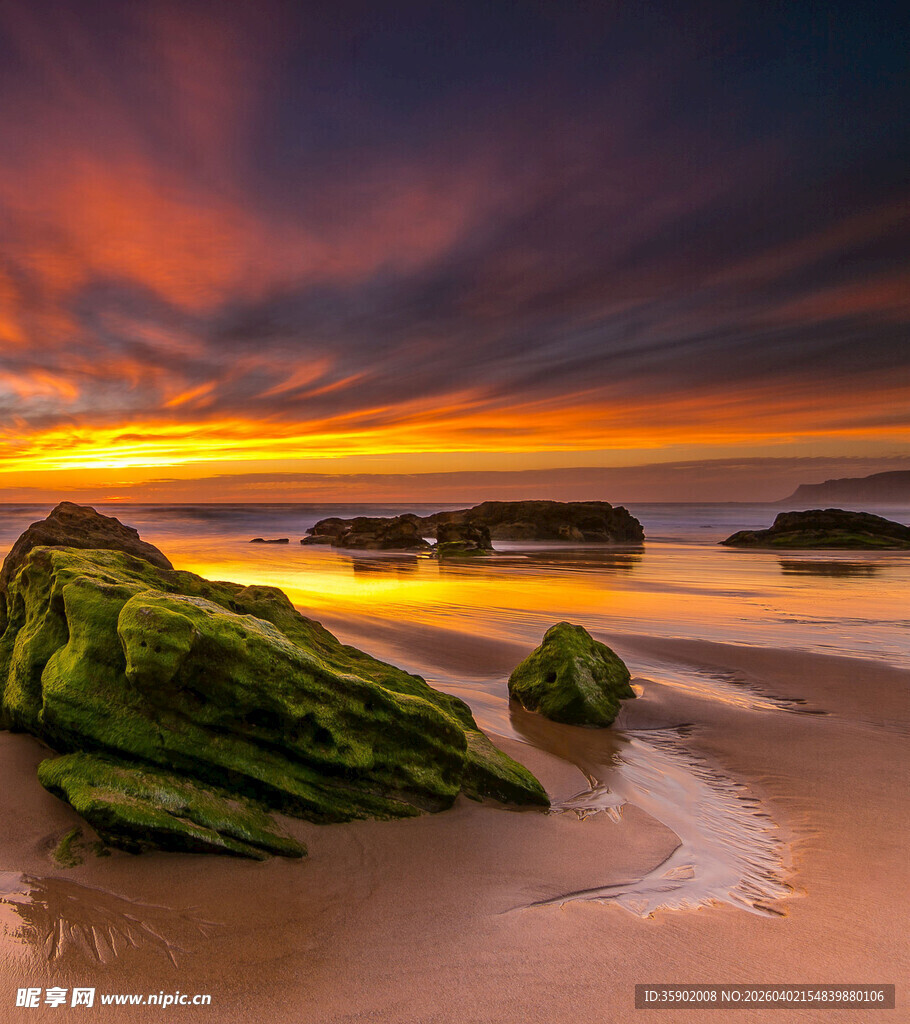 海滩日落美景中的苔藓岩石