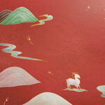 红色背景上的山水与动物图案