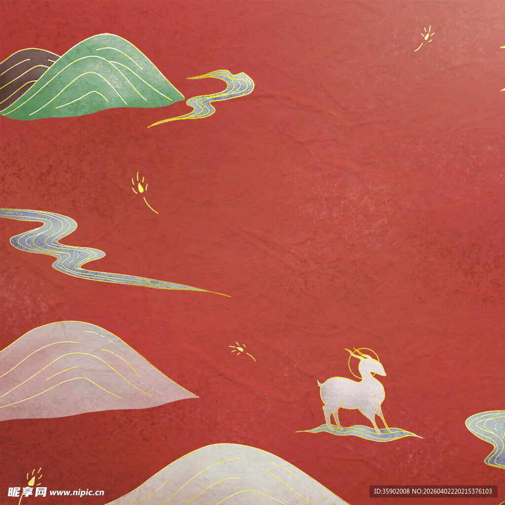 红色背景上的山水与动物图案