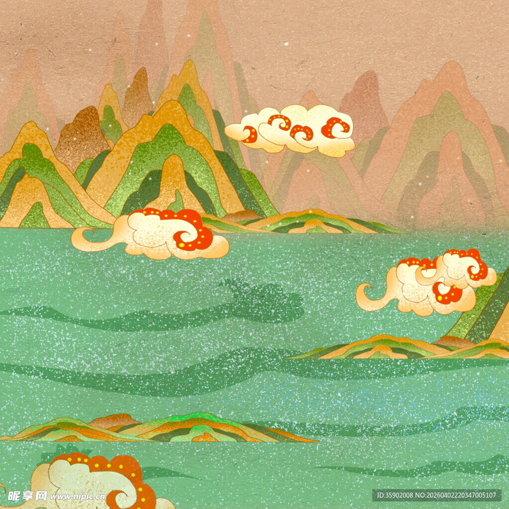 中式山水祥云插画意境美