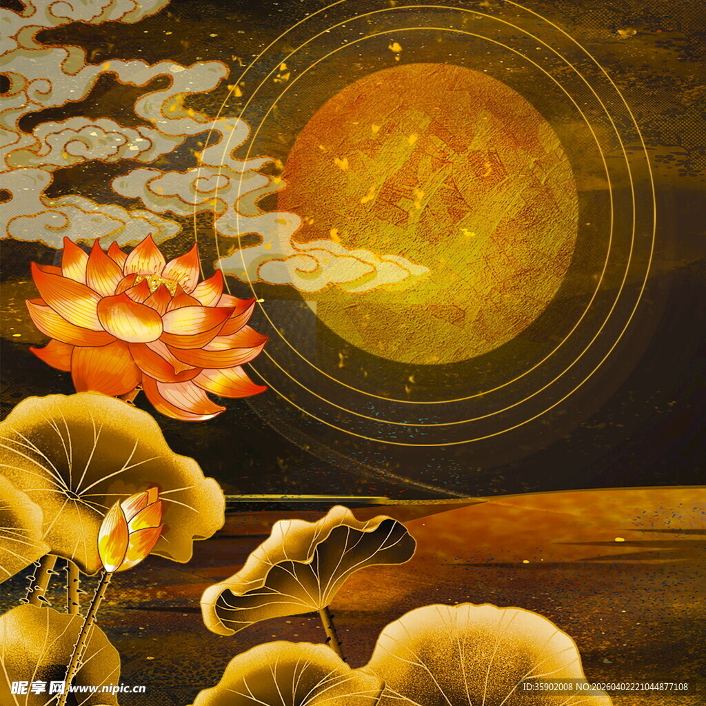 荷塘月色下的中式唯美图景