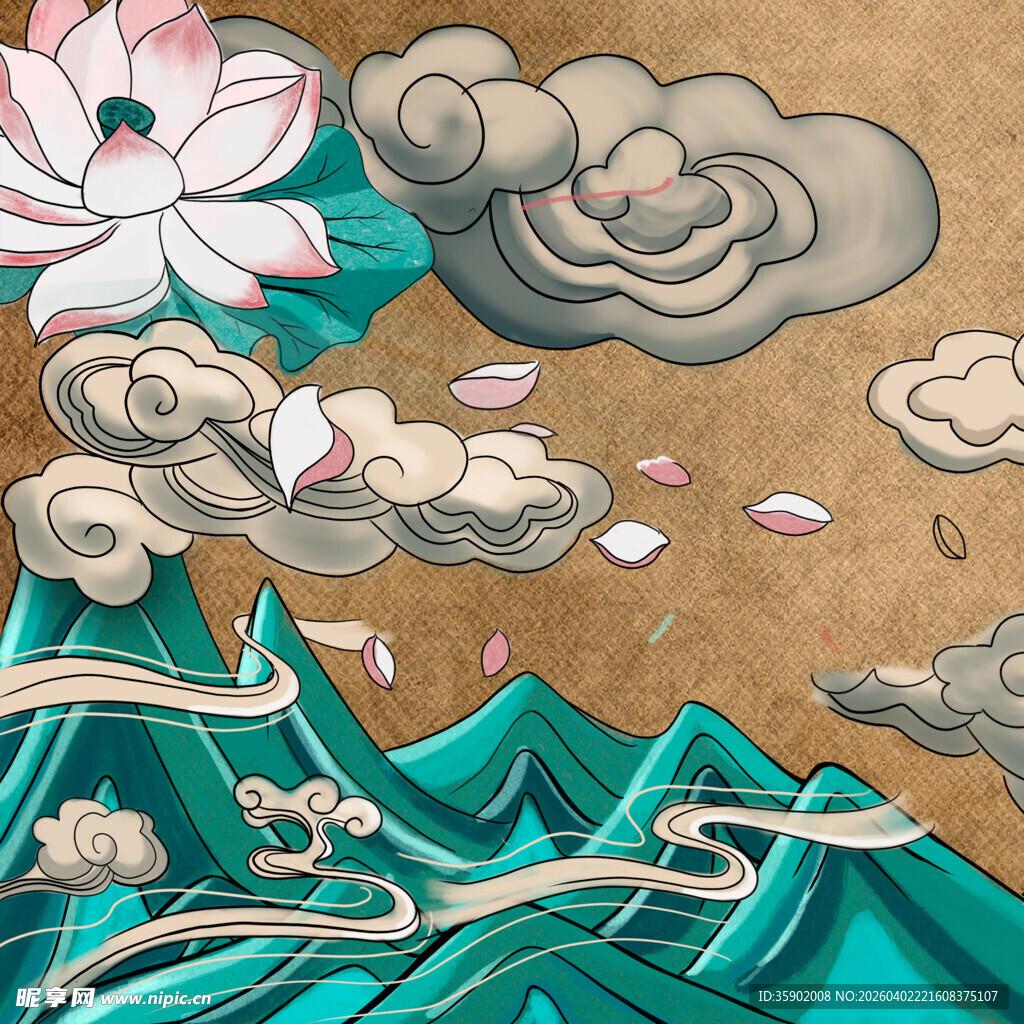 中式山水荷花云景插画