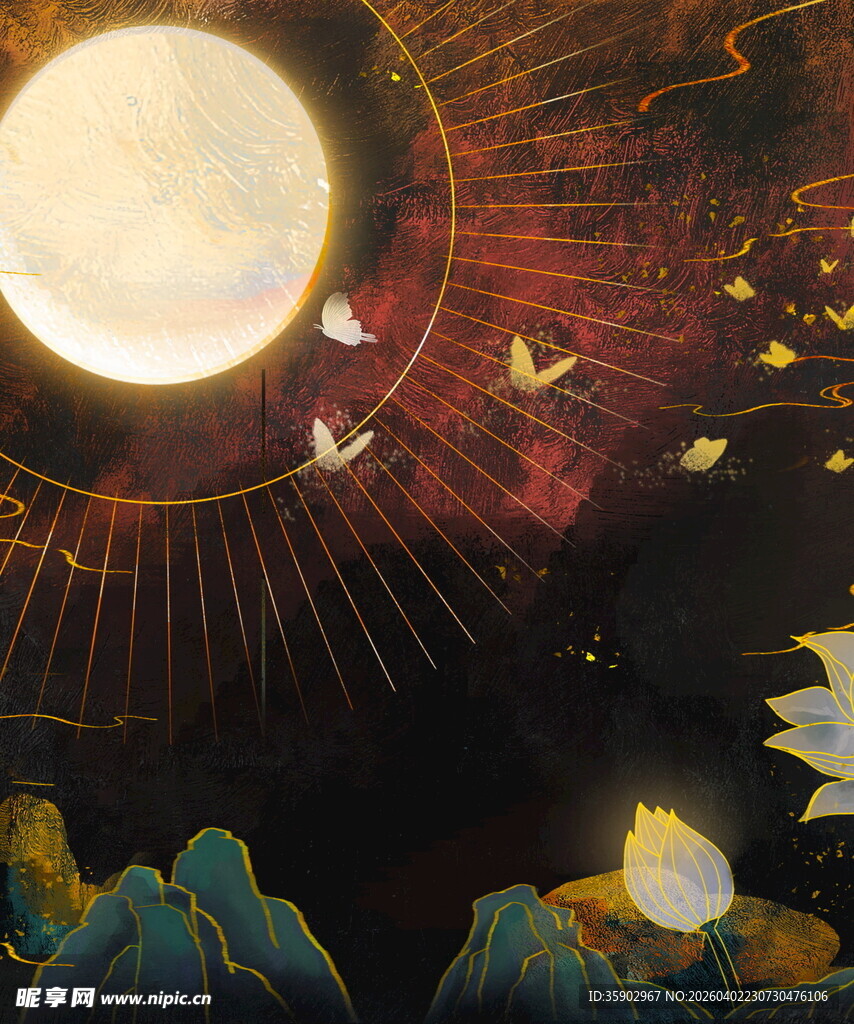 月夜山峦飞鸟奇幻景象