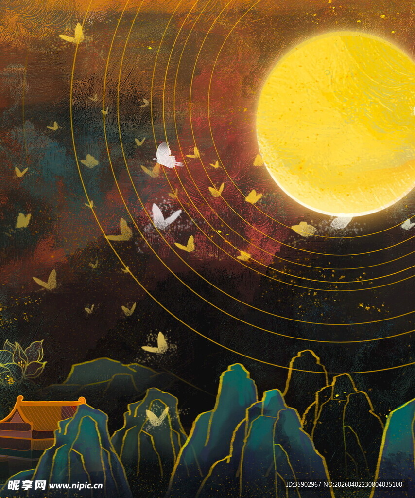 梦幻月夜下的山水飞鸟图景