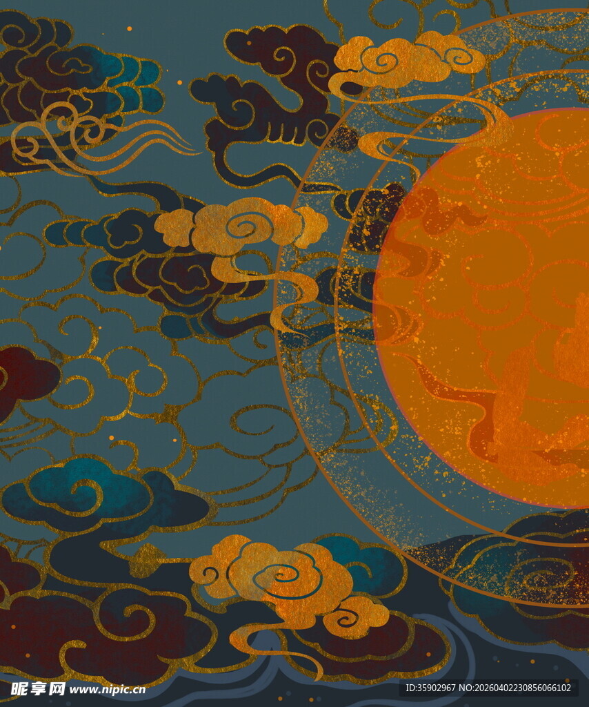 中式古风云海红日图景