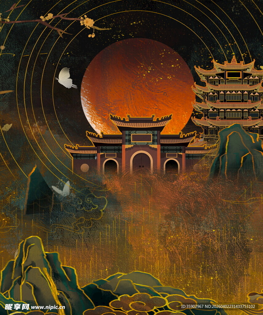 古风月夜下的中式建筑景观