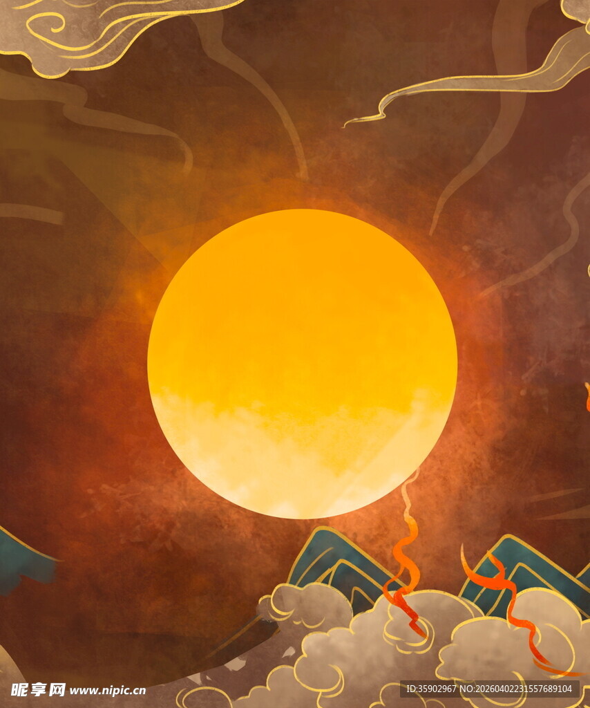 古风插画里的暖阳与祥云