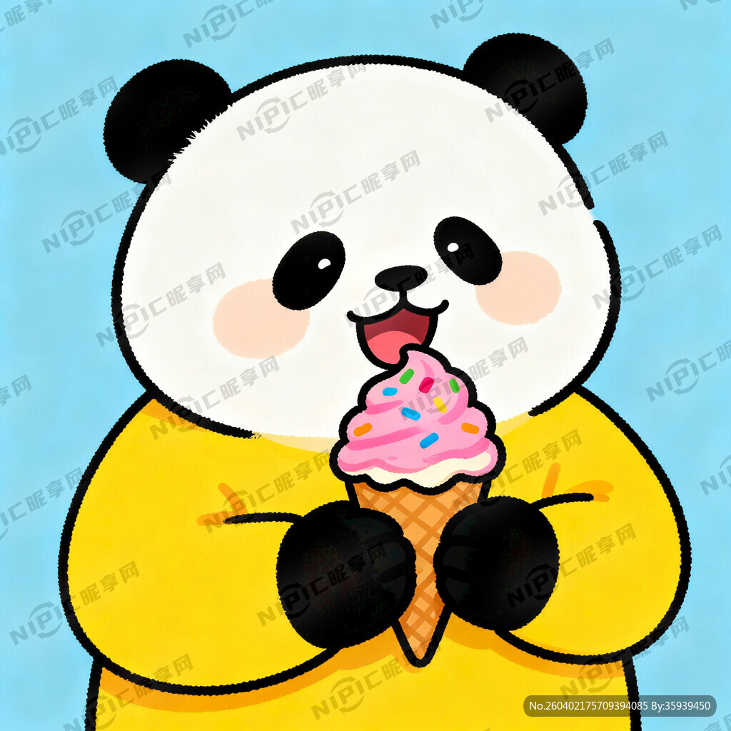 可爱的穿黄色衣服的卡通熊猫吃冰