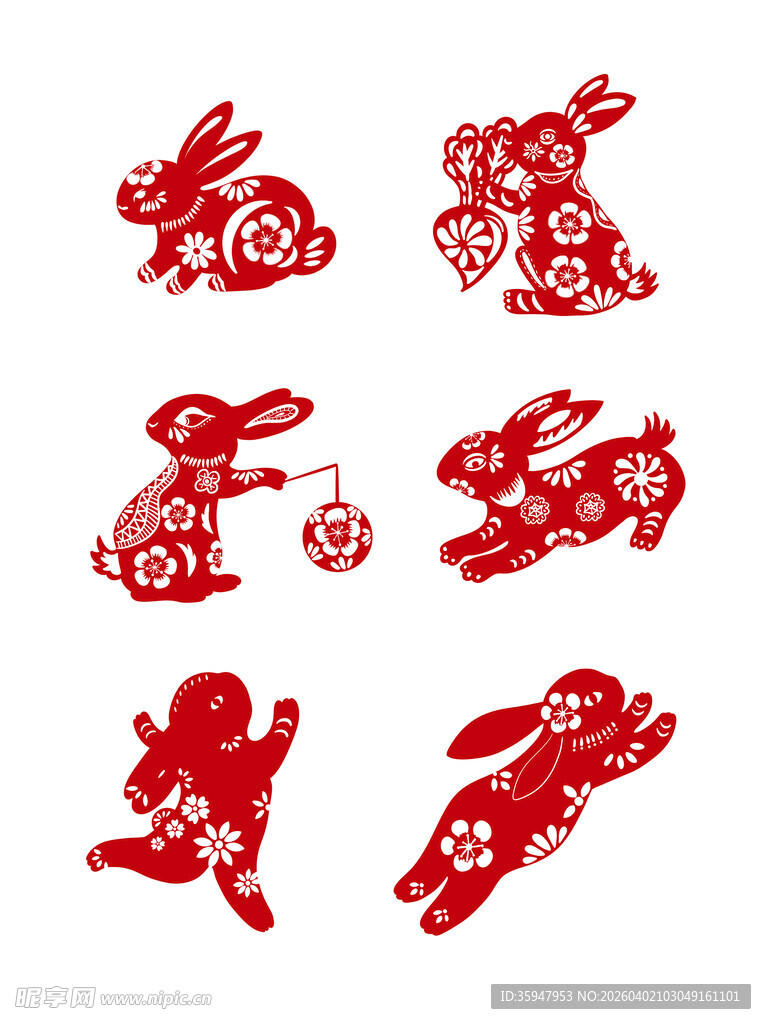 红色剪纸风可爱兔子图案