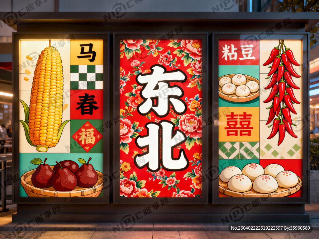 帮我生成图片：东北风格卡布灯箱