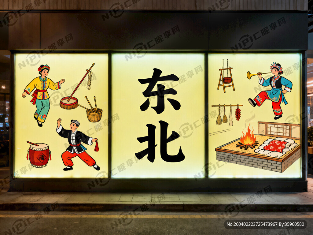 东北风格卡布灯箱设计 分三块