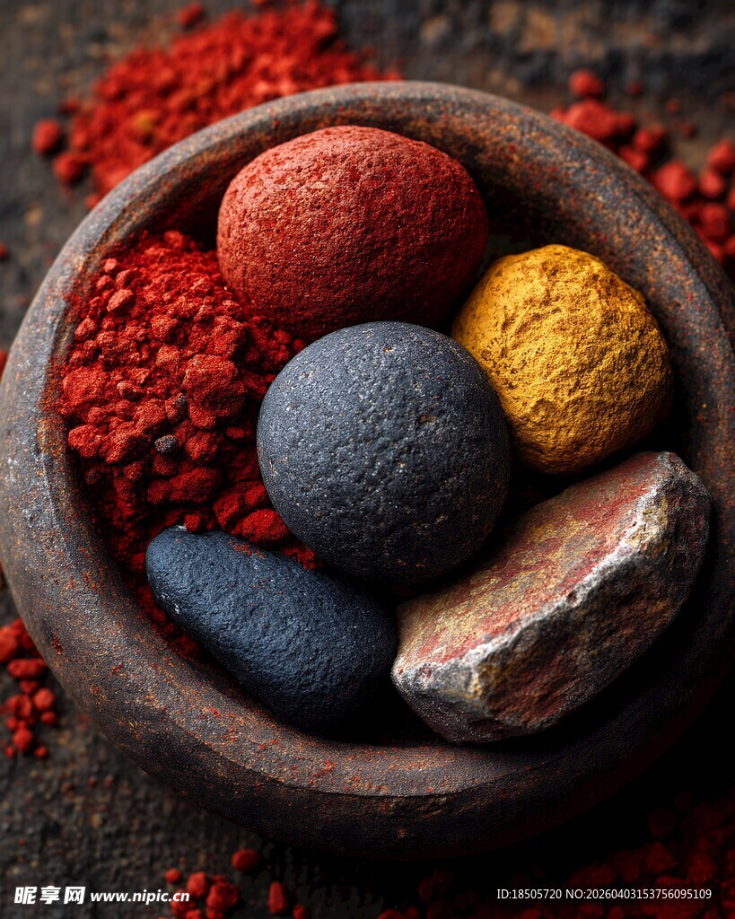 多彩香料盛于古朴木碗中