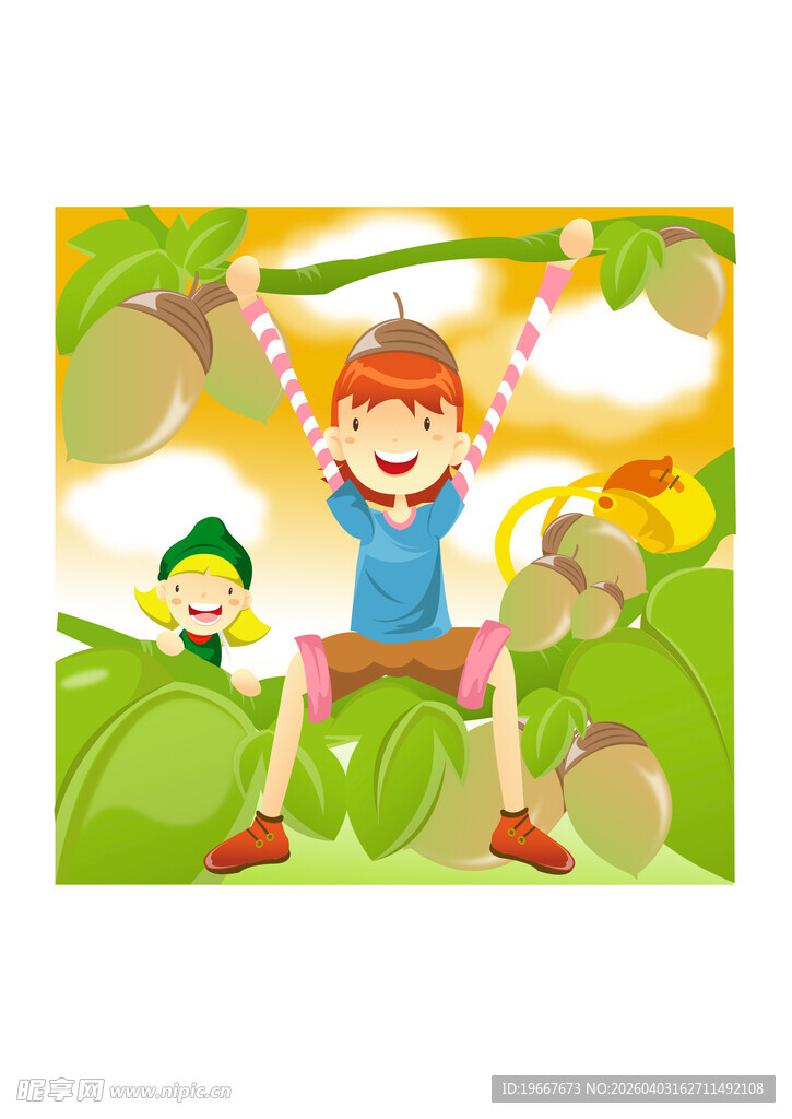 男孩开心攀爬在绿意中