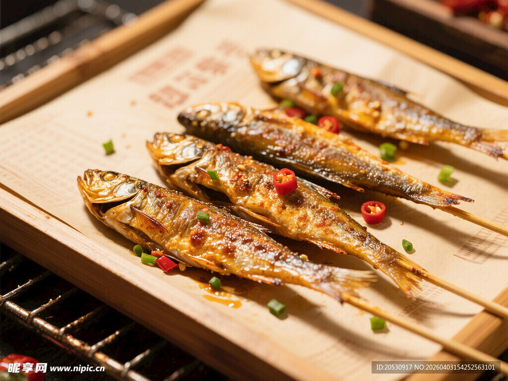 烧烤小黄鱼的美食摄影图