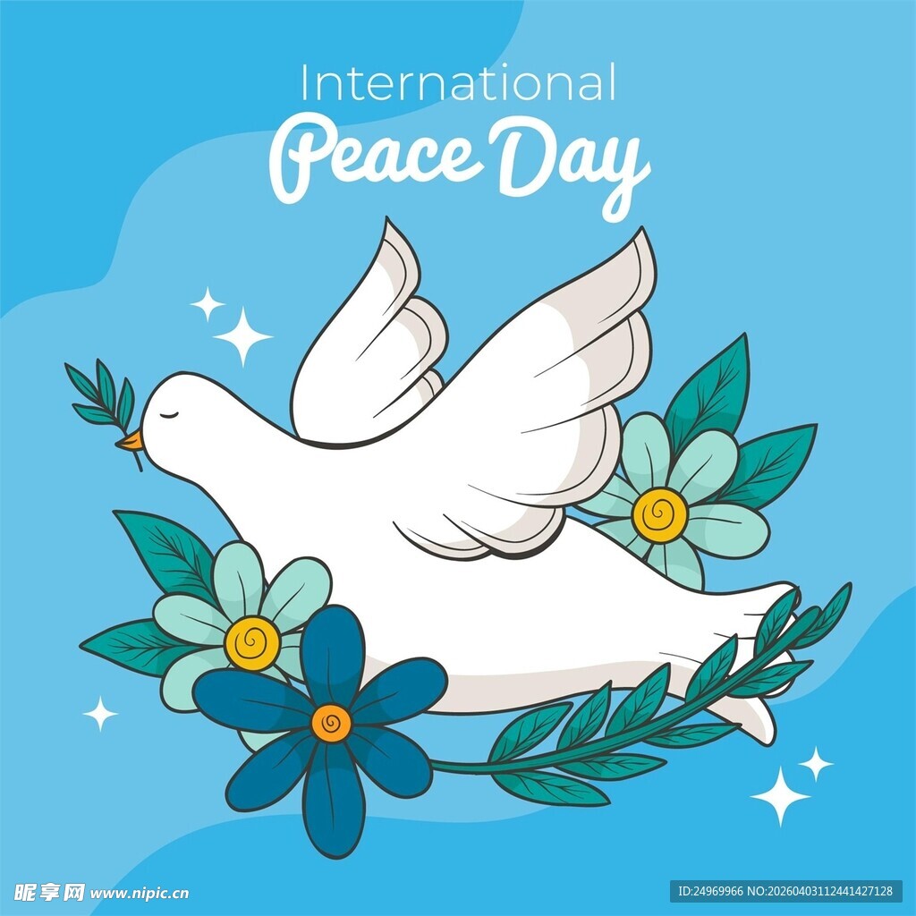 国际和平日白鸽花卉插画