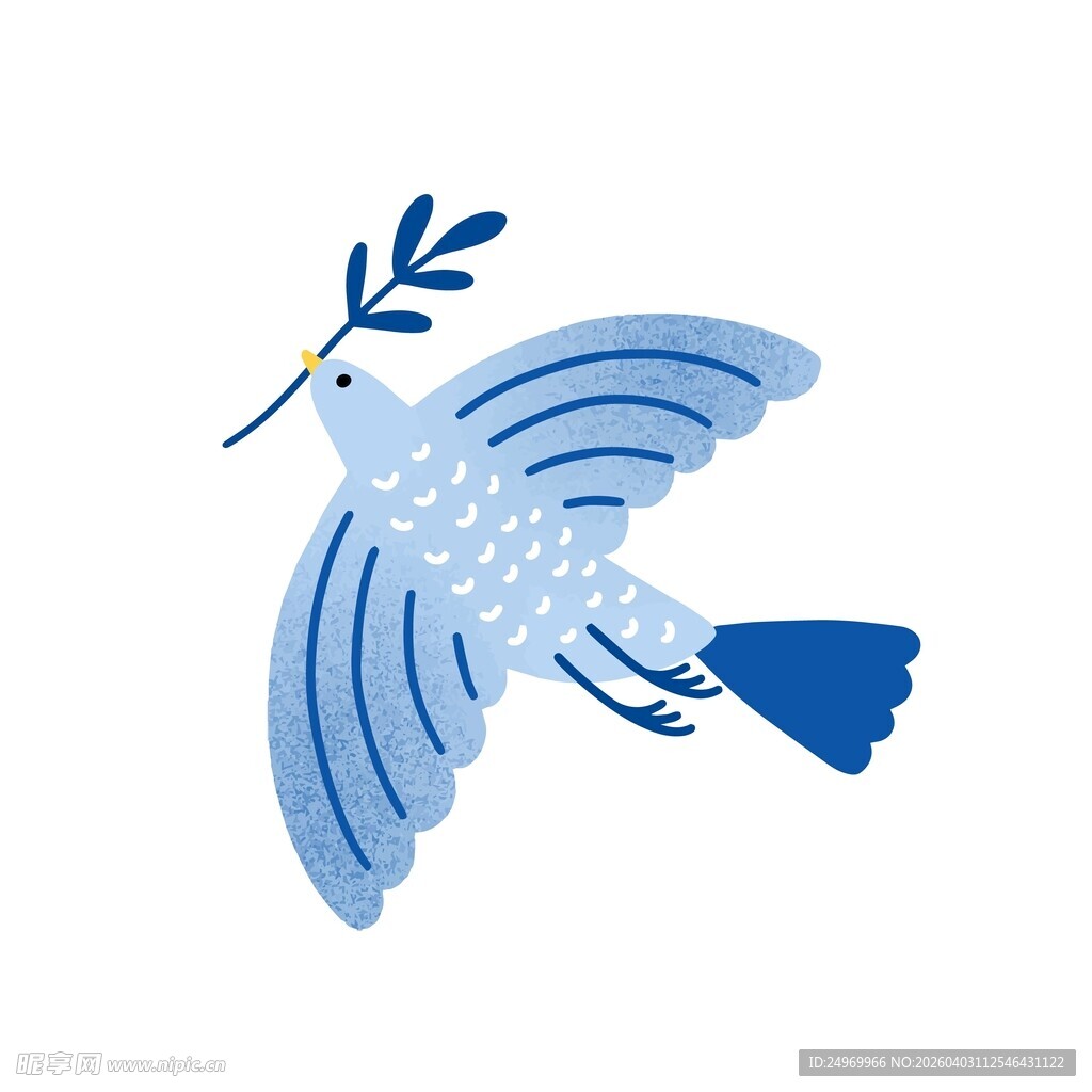蓝色飞鸟衔枝插画