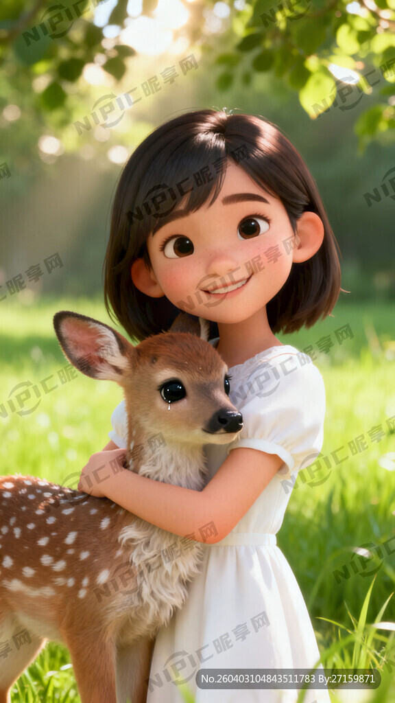 一个微笑的女孩抱着一只可爱的小