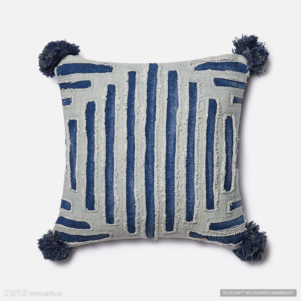 蓝白条纹带绒球抱枕