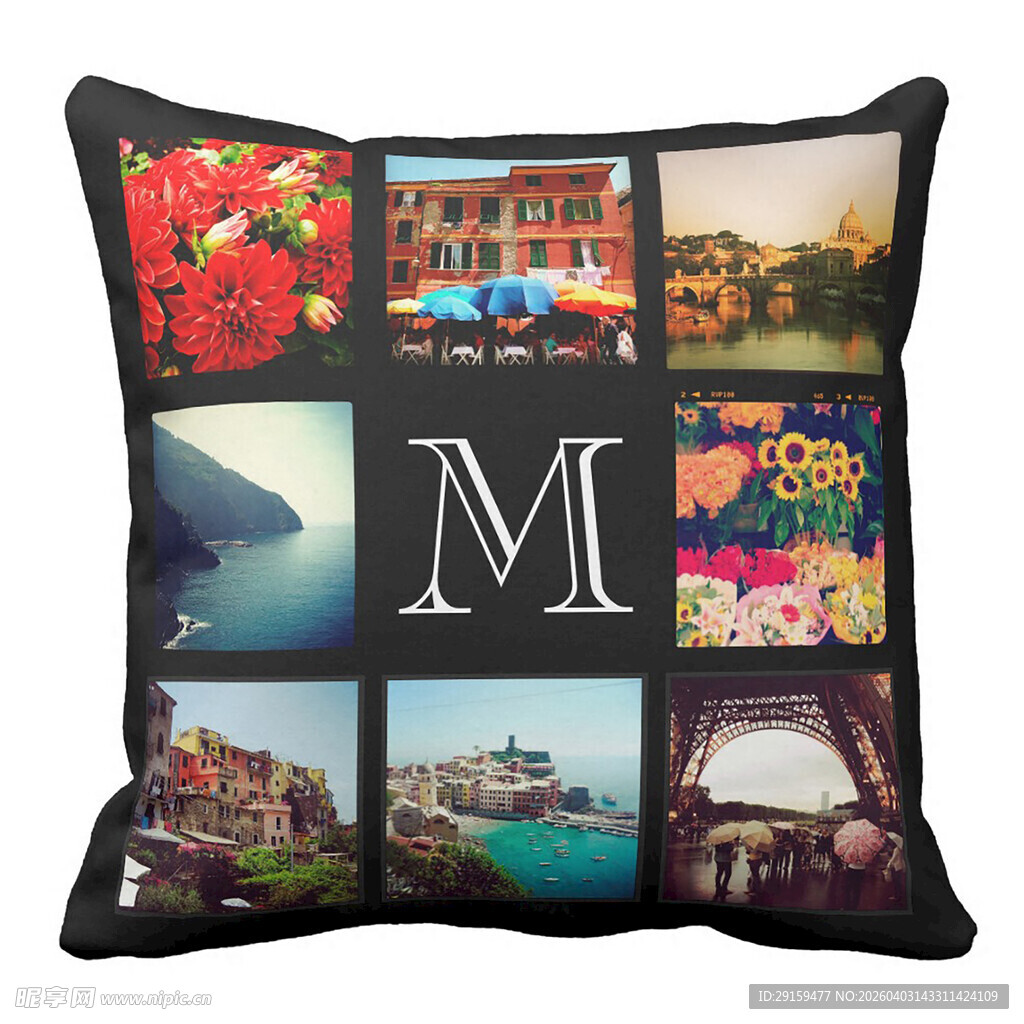 个性拼贴风字母M装饰抱枕