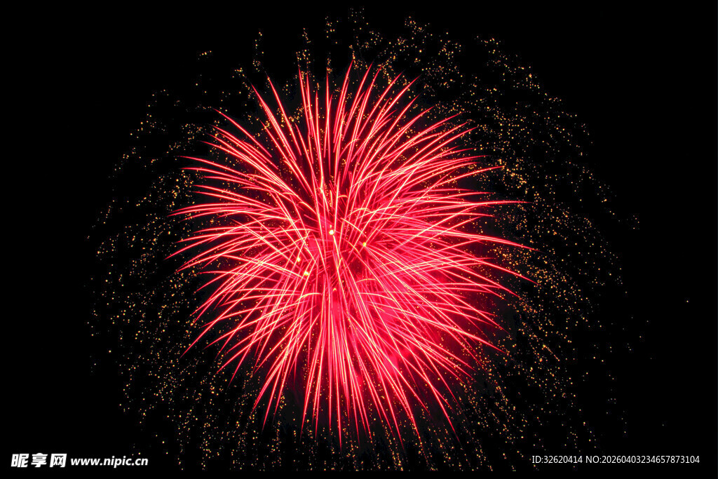绚丽红色烟花绽放夜空