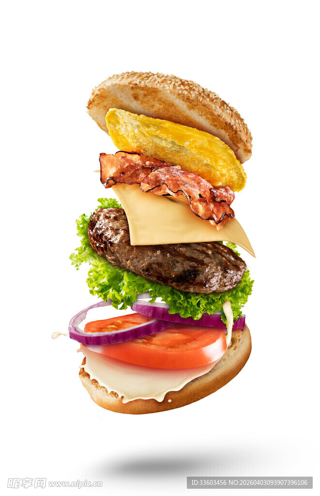 悬浮的美味多层汉堡