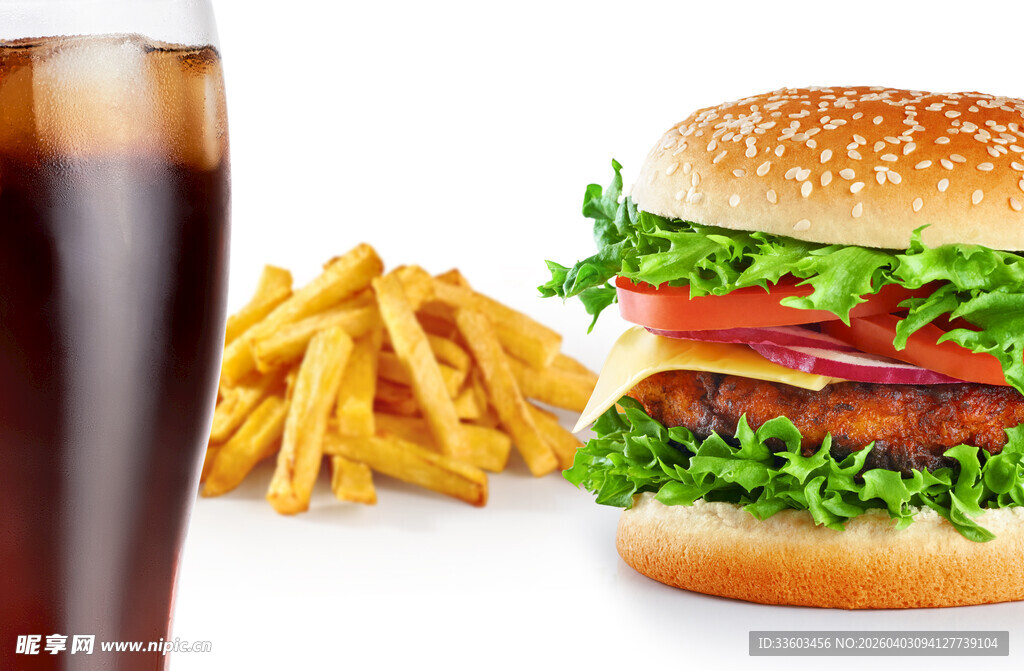 美味汉堡配薯条与可乐