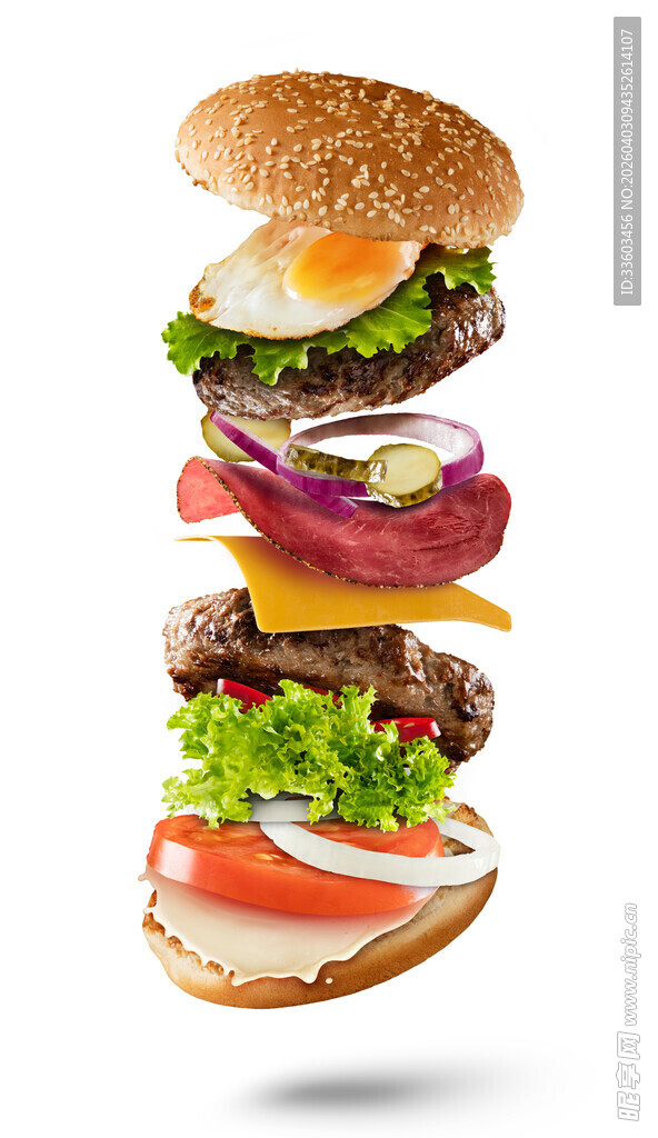 悬浮的美味汉堡食材