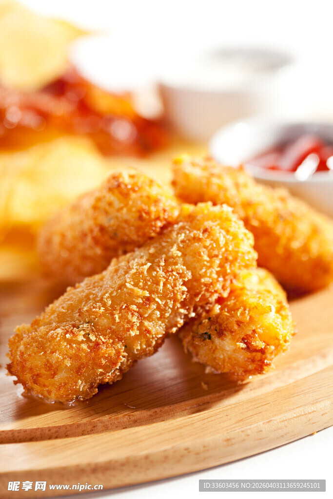 美味炸鸡块摆于木盘上